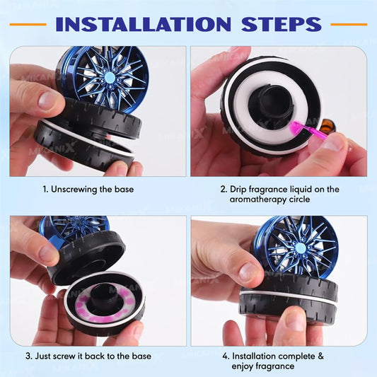 Solar Rotating Car Dashboard Air Freshener/Perfume Diffuser | Metal Body & Alloy Wheel Hub Design with Perfume Liquid for Car Interior Decoration Accessories